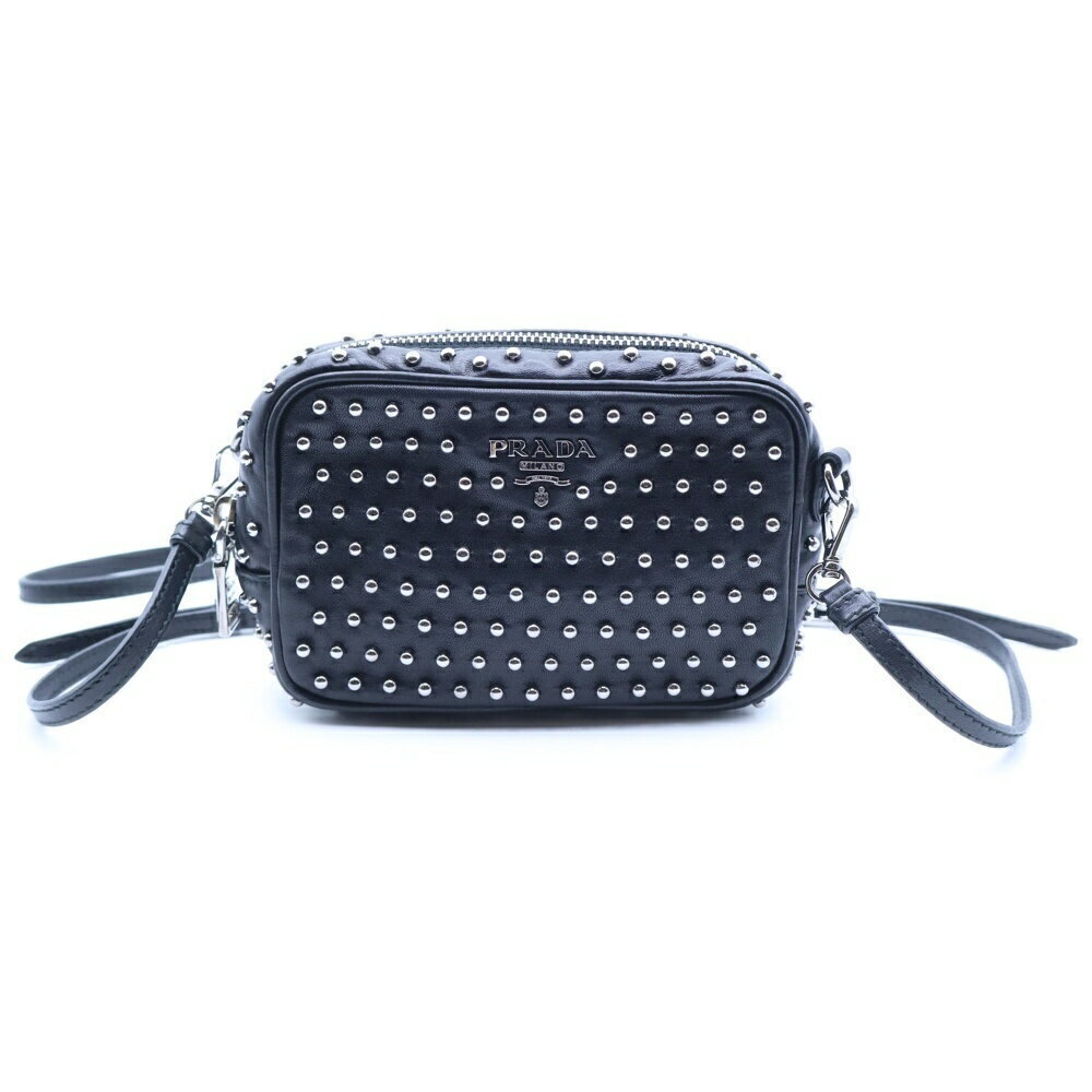 PRADA Studded Logo Shoulder Bag Black Leather